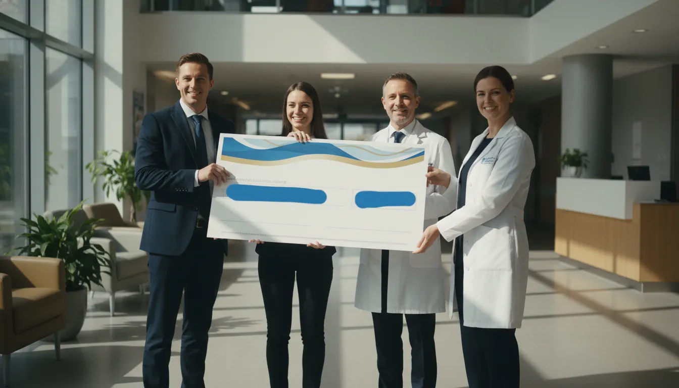 Oversized donation check being presented to hospital representatives in a lobby