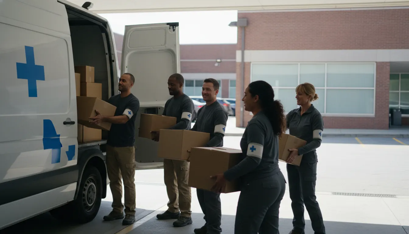 Volunteers loading boxes of donated supplies into a hospital delivery van