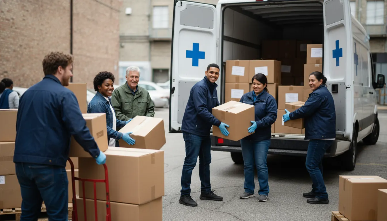 Community volunteers loading boxes of donated medical supplies into a hospital delivery van