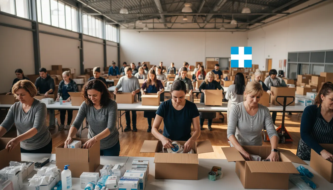 Community volunteers packing donation boxes for a local hospital