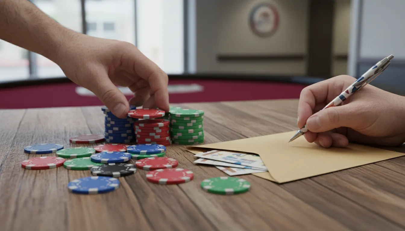 Casino chips and a hospital donation envelope on a wooden table