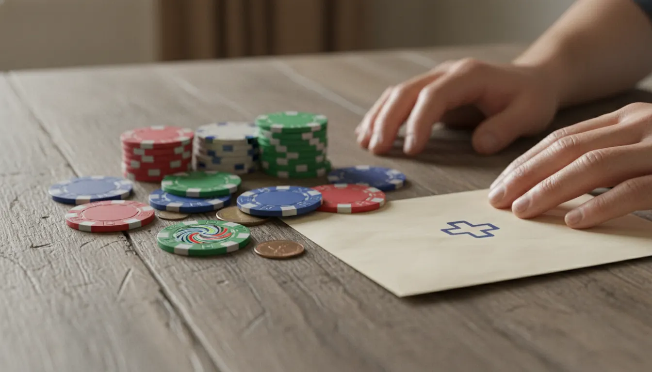 Casino chips and a hospital donation envelope arranged on a wooden desk