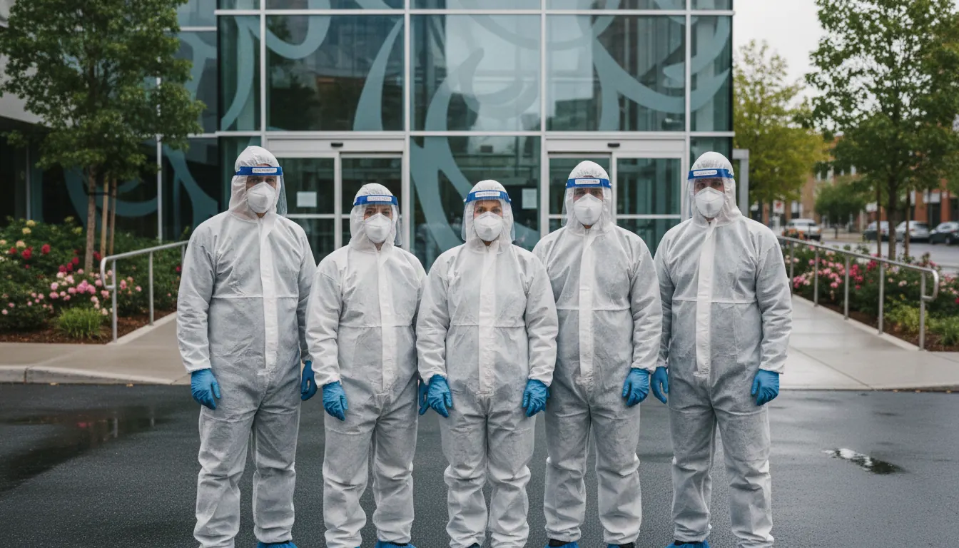 Healthcare workers in protective gear standing together outside a hospital entrance