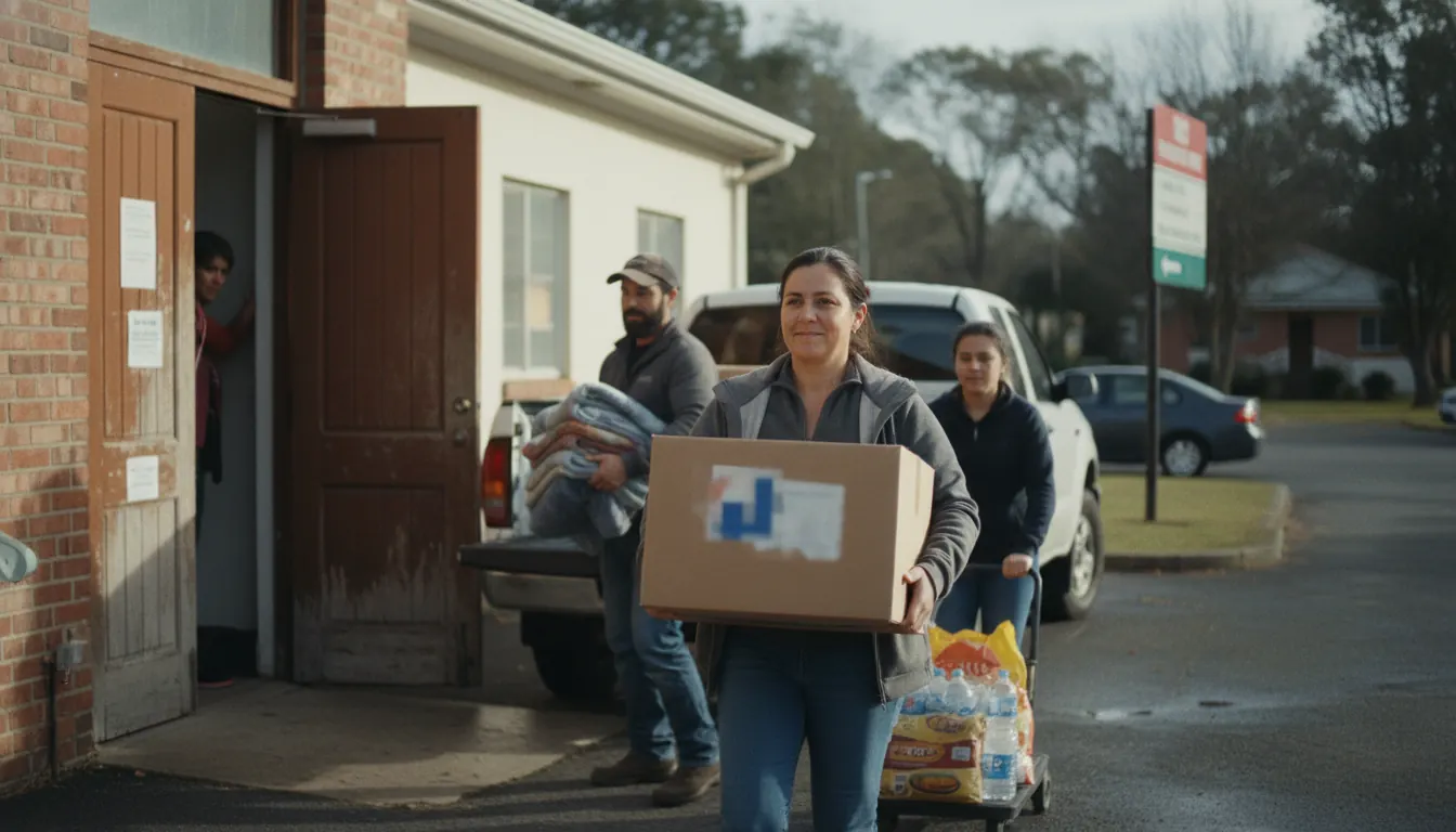 Community members delivering supplies at the entrance of a small local hospital