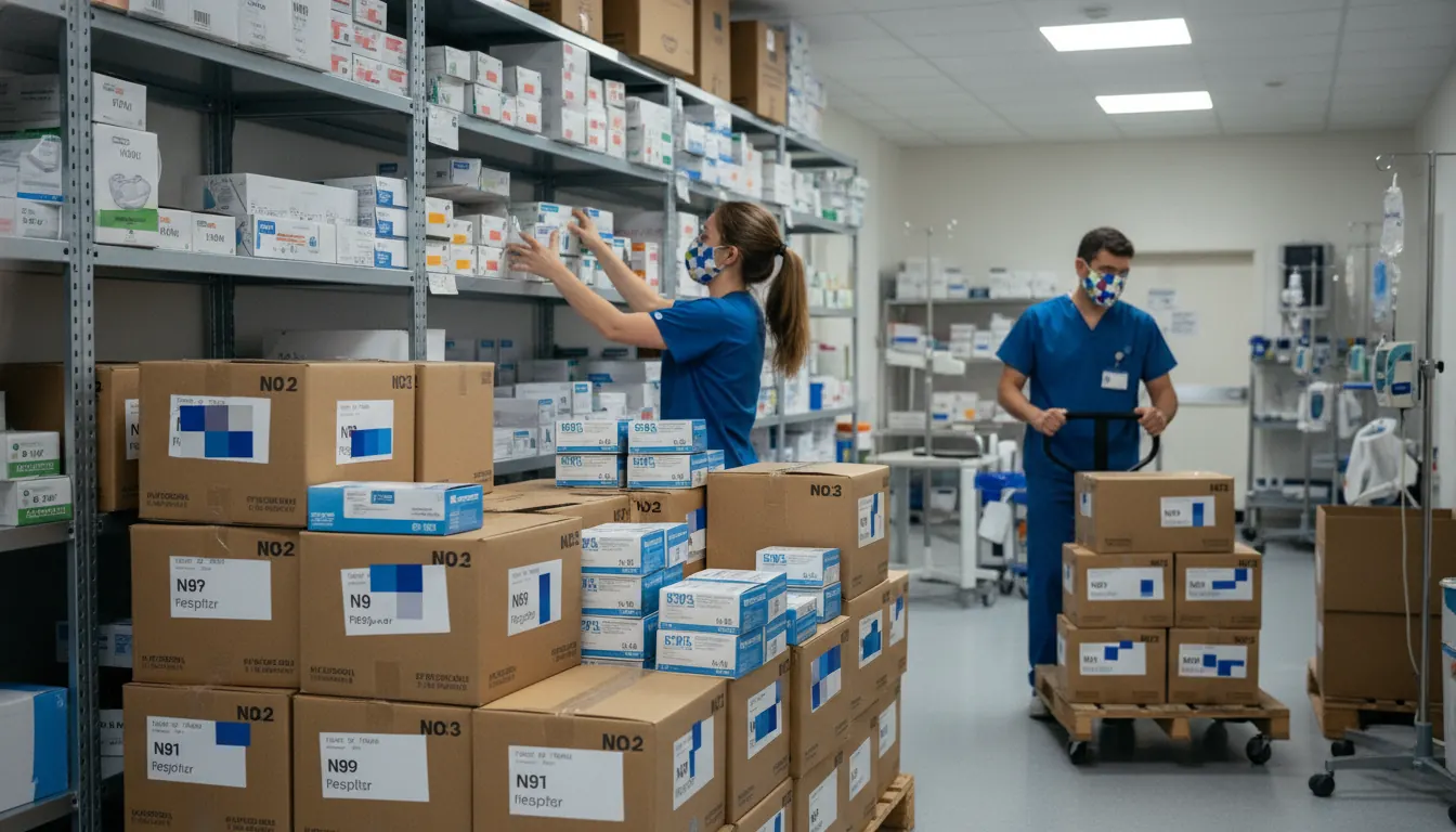 Boxes of N95 respirators and surgical masks stacked in a hospital supply room