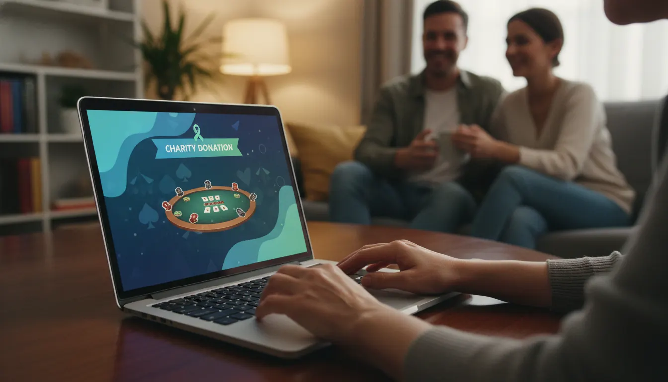Laptop displaying an online poker tournament with a charity donation overlay