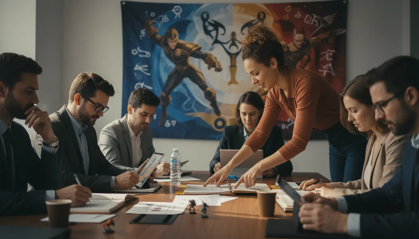 Conference room with a Protect The Heroes banner and gaming industry representatives reviewing donation paperwork