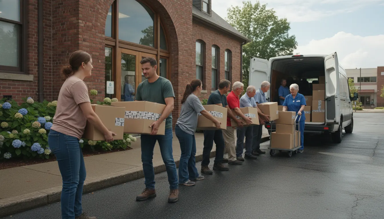 Community volunteers unloading donation boxes outside a small local hospital entrance