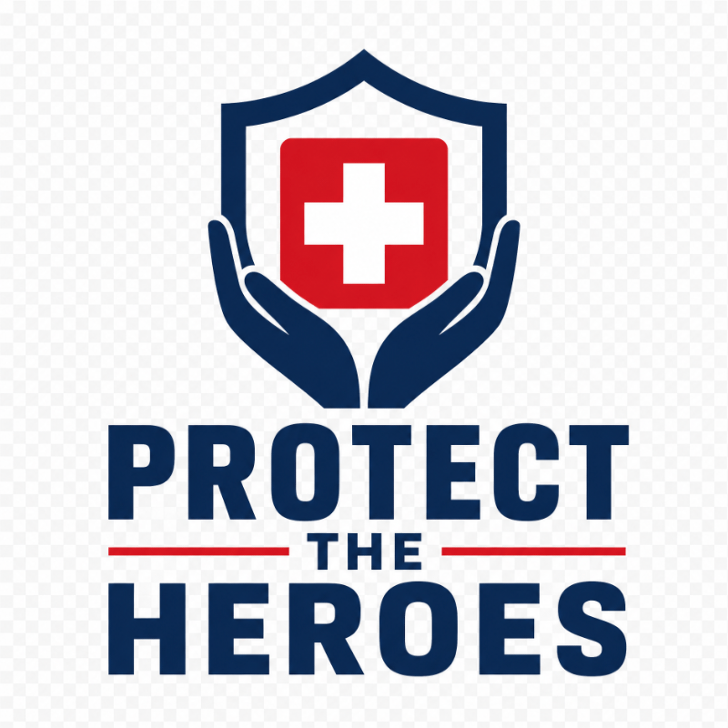 Protect The Heroes campaign logo with red square emblem