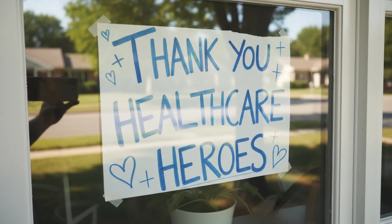 Handwritten thank you sign for healthcare workers displayed in a residential window